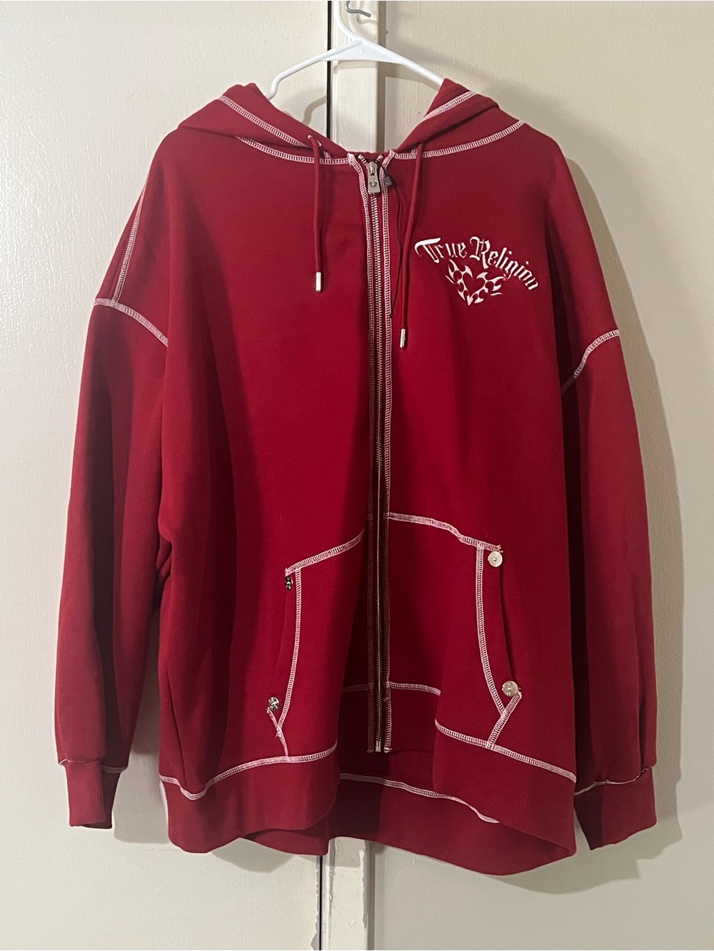 True Religion women Red Zip-Up Hoodie with Contrast Stitching New